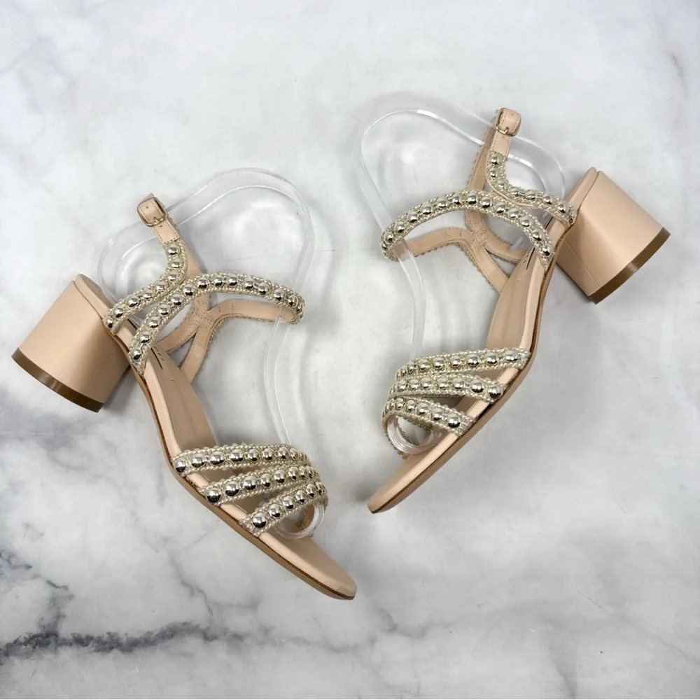 NEW Casadei Studsway Pearl Studded Strappy Open Toe Kitten Block Heel Sandals 36